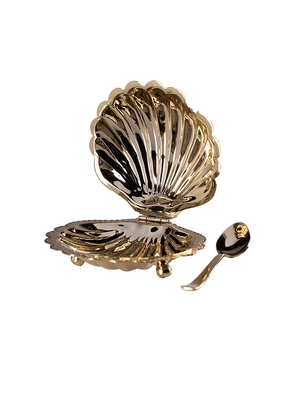 The Favorites Cap Ferrat Fan Shell Lidded Bowl With Spoon in Metallic Gold.