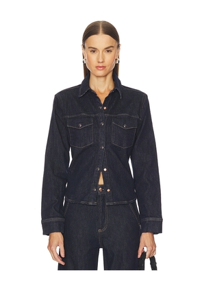 PISTOLA Thea Shrunken Denim Shacket in Blue. Size L. Also in M, S, XL, XS.