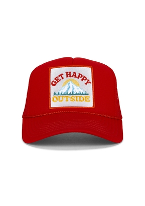 Friday Feelin Get Happy Outside Trucker Hat in Red.