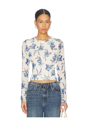 Rag & Bone Yana Printed Mesh Long Sleeve Tee in Ivory,Blue. Size L. Also in M, S, XS.