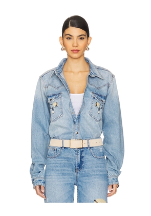 Understated Leather Horsey Shirt in Denim-Light. Size L. Also in M, S, XL, XS.