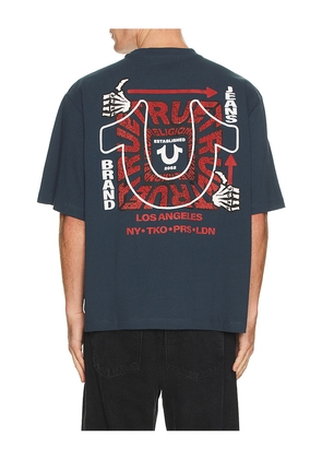 True Religion Thumbs Up Boxy Tee in Navy. Size L. Also in M, S, XL/1X.