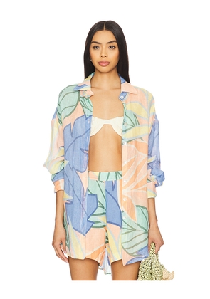 vitamin A Playa Linen Boyfriend Shirt in Blue,Peach. Size L. Also in M.