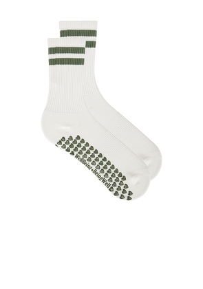 WellBeing + BeingWell Striped Tube Grip Sock in White,Olive.