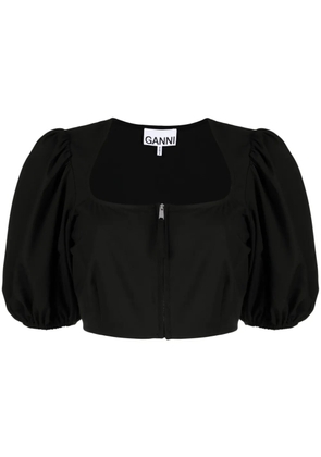GANNI cropped puff-sleeve blouse - Black