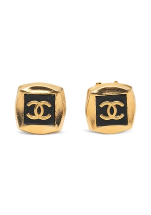 CHANEL Pre-Owned 1996 Gold Plated CC Enamel Square Clip On Earrings costume earrings - Black