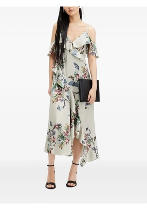 AllSaints ruffle-detail floral-print midi dress - Neutrals