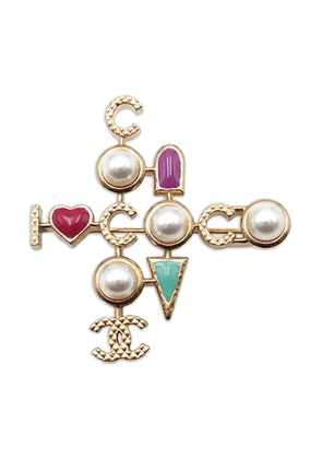 CHANEL Pre-Owned 2017 CC Gold Plated Faux Pearl I Heart Coco Brooch costume brooch