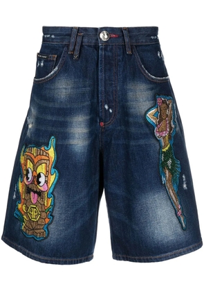 Philipp Plein patch-detail knee-length denim shorts - Blue