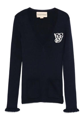 Valentino Garavani ruffled V-neck wool sweater - Blue