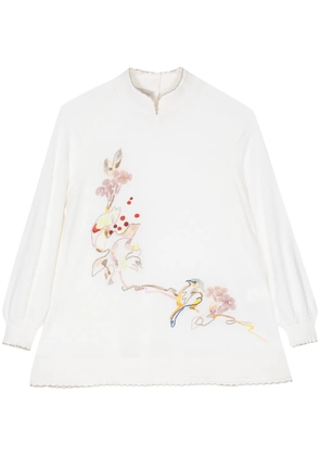 SHIATZY CHEN floral-embroidered split-neck jumper - Neutrals