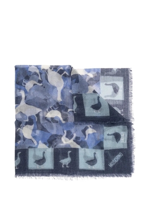 Moschino duck-print frayed-trim cashmere scarf - Blue