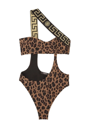 Versace Greca-trim leopard print swimsuit - Brown