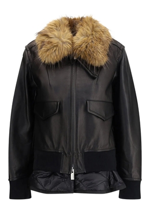 sacai plush-collar leather jacket - Black