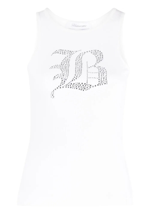 Blumarine rhinestone-logo ribbed tank top - White