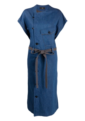 Y's belted-waist twill denim dress - Blue