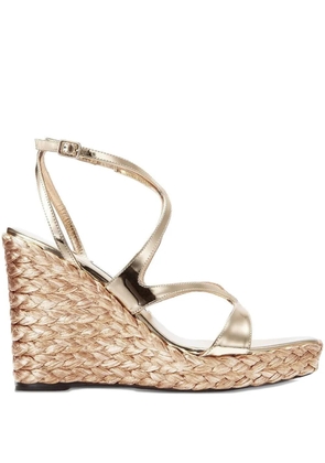 Jimmy Choo 85mm Ayla metallic cross-strap wedge sandals - Gold