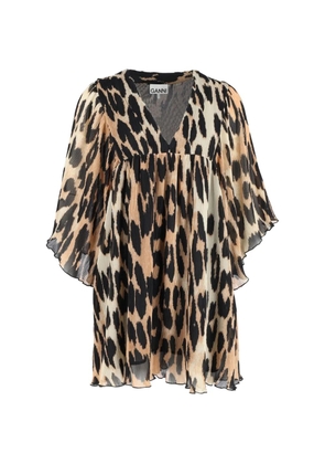 GANNI pleated leopard-print mini dress - Neutrals