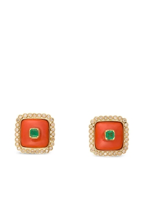 DENISE CASSOU 18K yellow gold diamond Coral Emerald earrings
