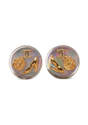 CHANEL Pre-Owned 1997 Gold Plated Resin CC Camellia Button Clip On Earrings costume earrings - White