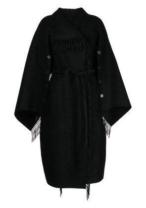 Goen.J double-breasted fringe-detail wool coat - Black