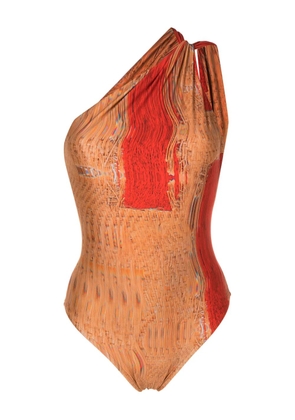 Lenny Niemeyer warped-print one-shoulder one-piece - Brown