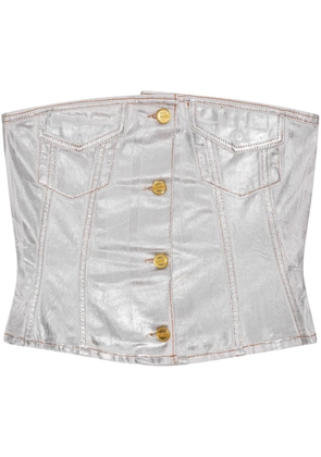 GANNI foiled-finish organic-cotton denim top - Silver