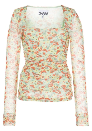 GANNI floral-print mesh top - Blue