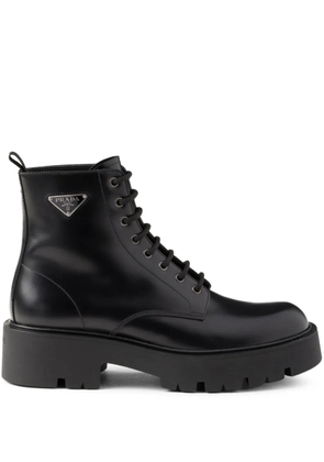 Prada logo plaque leather combat boots - Black