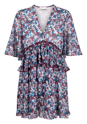 GANNI pleated floral-print minidress - Blue