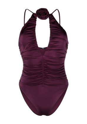 Noire Swimwear floral-appliqué ruched swimsuit - Purple