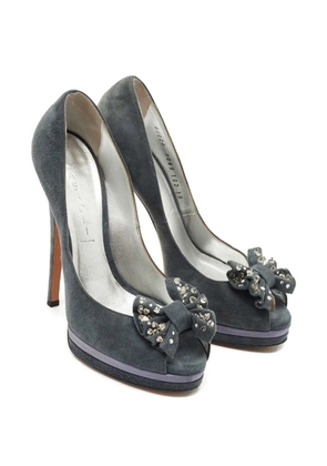 Casadei Vintage 150mm peep-toe crystal-embellished bow pumps - Grey