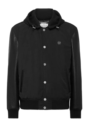 Philipp Plein leather-sleeve hooded bomber jacket - Black