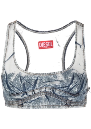 Diesel denim-patchwork mesh top - Blue