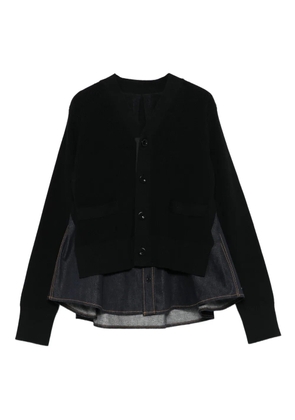 sacai denim-panel ribbed cardigan - Black