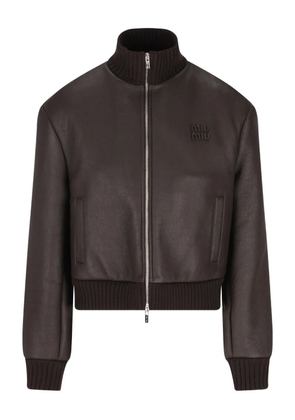 Miu Miu logo-patch zipped jacket - Brown