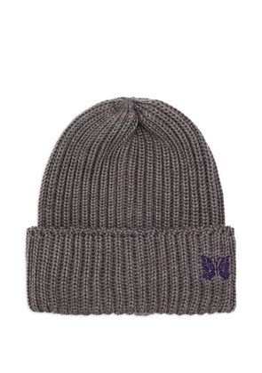 Needles ribbed-knit butterfly-embroidery beanie - Grey