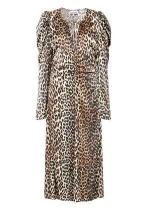 GANNI leopard-print ruched midi dress - Brown