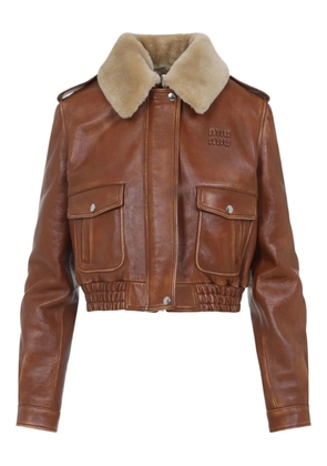 Miu Miu shearling-collar leather jacket - Brown