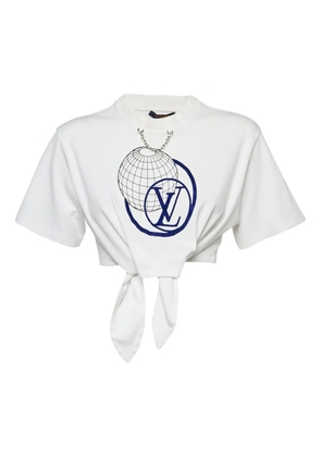 Louis Vuitton Pre-Owned globe-print knot-detail t-shirt - White