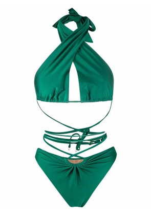 Noire Swimwear lattice-strap halterneck swimsuit - Green