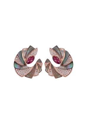 Ananya 18kt rose gold miniature demi Mogra c-clip dark rose pink tourmaline, diamond and mother-of-pearl earrings