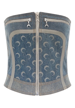 Marine Serre regenerated denim zip-up bustier top - Blue