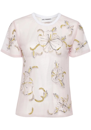 DES PHEMMES Hibiscus-embroidered semi-sheer T-shirt - Pink