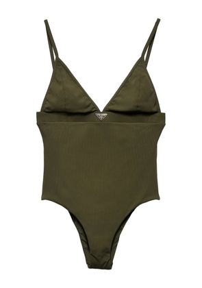 Prada logo-triangle fine-ribbed swimsuit - Green