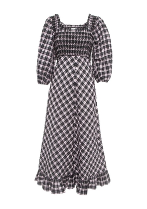 GANNI 2020 pre-owned smocking plaid midi dress - Black