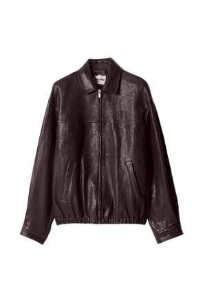 Miu Miu logo-relief regular-fit leather jacket - Brown