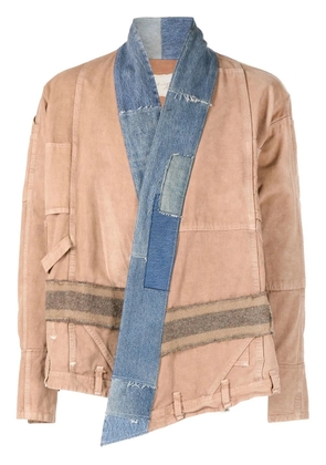 Greg Lauren patchwork-design denim-trim jacket - Brown