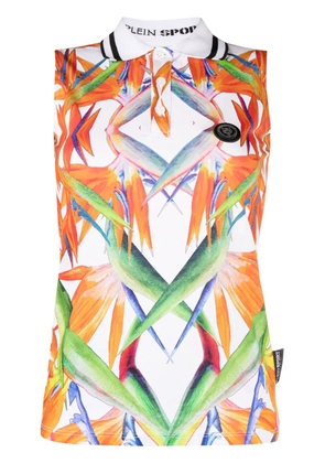 Plein Sport floral-print sleeveless cotton polo top - White