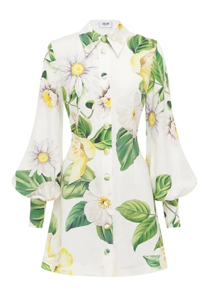 Leo Lin balloon-sleeve floral-print mini shirt dress - White